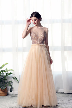A Line Bateau Tulle Long Prom Dresses With Beads DML27