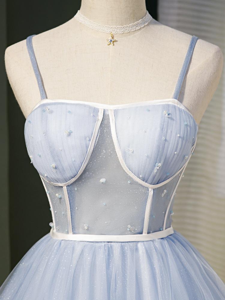 Light Blue A Line Spaghetti Straps Tulle Short Homecoming Dresses DMN49