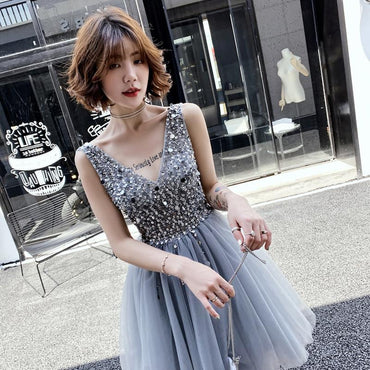 V Neck A Line Beaded Homecoming Dresses, Short Tulle Prom Dress DMN59