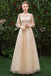 Stunning A Line 3/4 Sleeves Tulle Round Neck Prom Dress Evening Dresses DMQ76