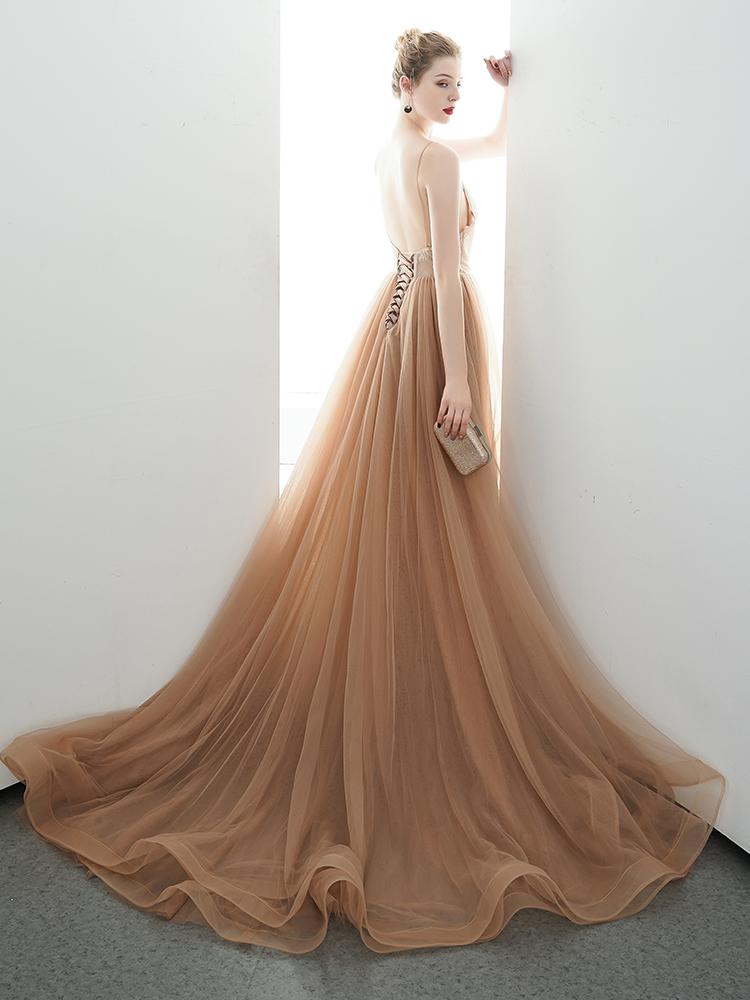 A-line Spaghetti Straps Tulle Long Lace Appliques Prom Dresses Formal Evening Dress DMR85