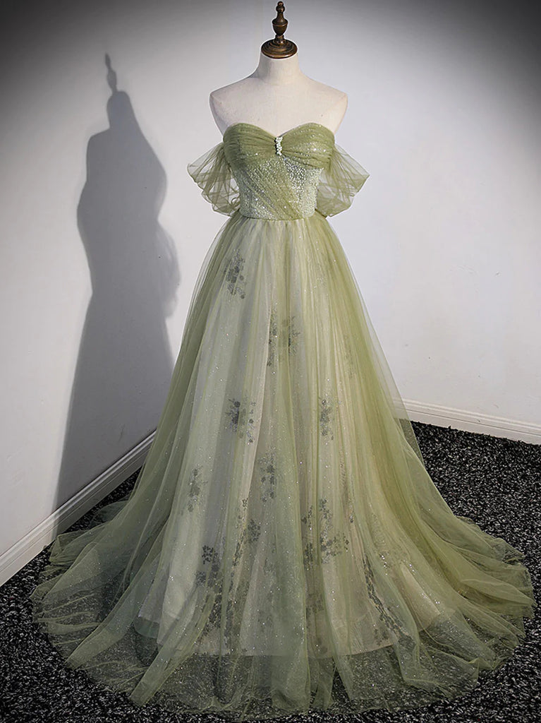 A Line Green Tulle Sweetheart Long Prom Dress, Formal Evening Dress with Beading DMP293