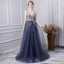 A Line V Neck Tulle Navy Blue Long Prom Dresses With Beading DML29