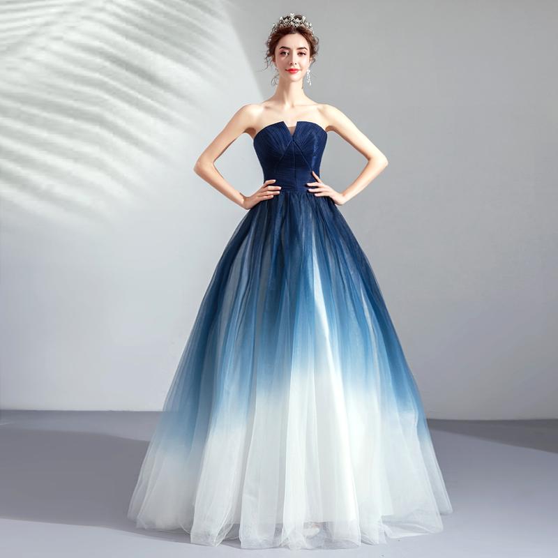 Strapless Ombre A Line  Tulle Prom Dress Long Formal Dresses DMQ74