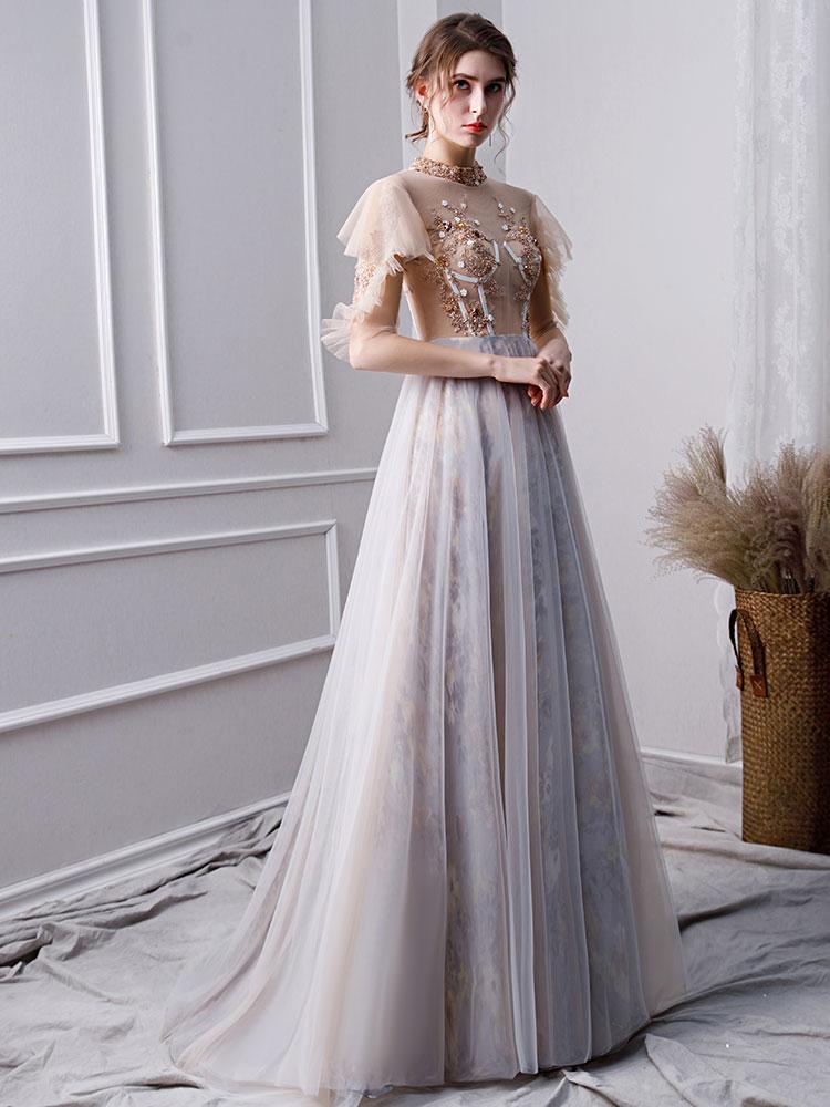 Gray A Line High Neck Short Sleeves Prom Dresses With Beads DML26