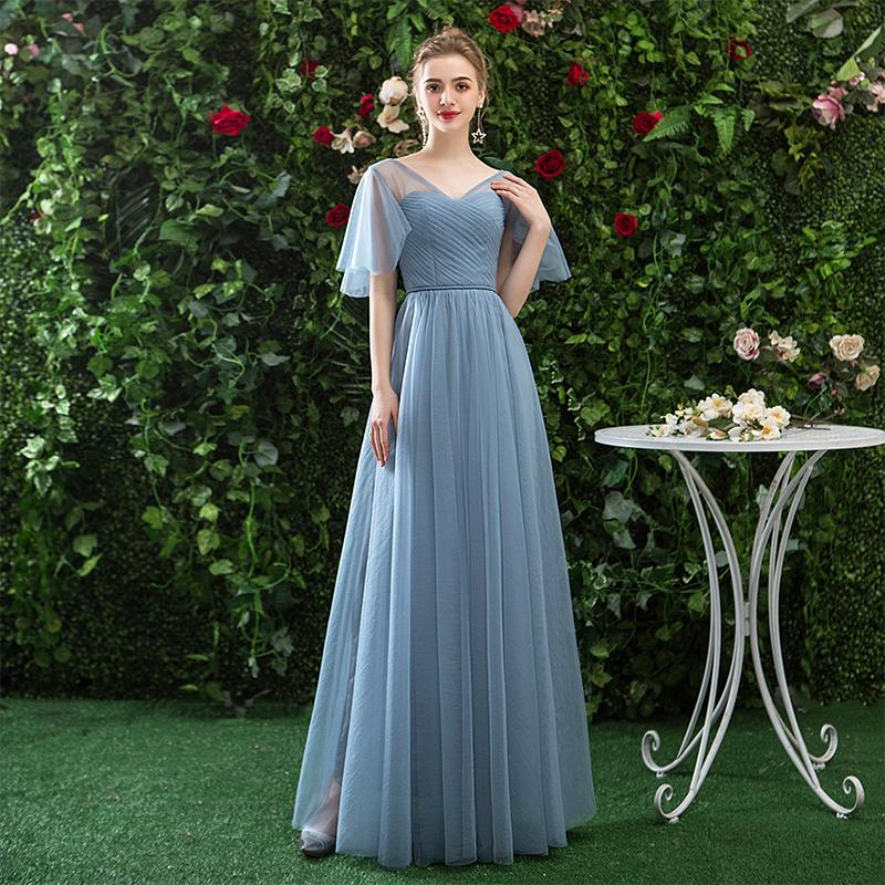 A Line V Neck CHiffon Blue Cheap Prom Dress, Long Bridesmaid Dresses DMQ81