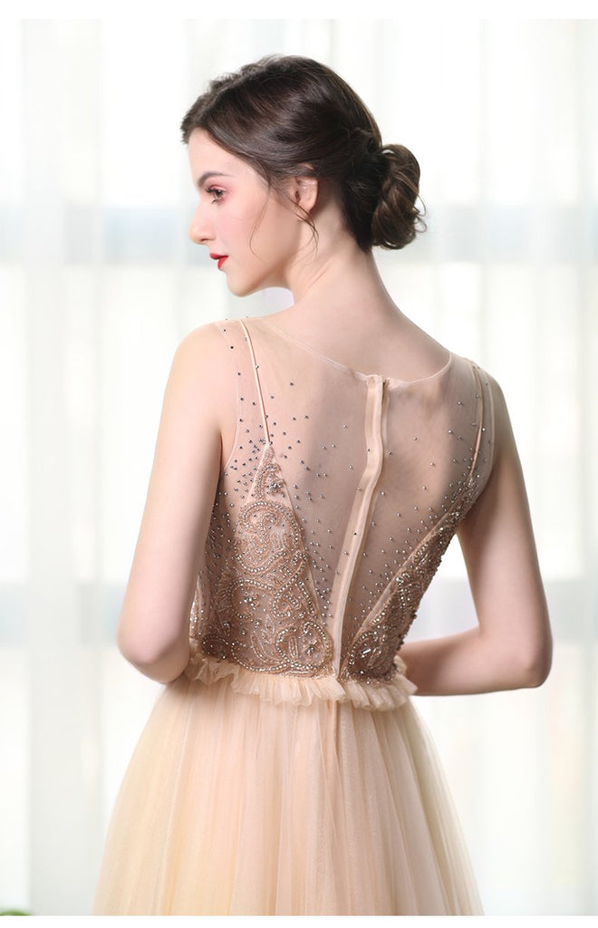 A Line Bateau Tulle Long Prom Dresses With Beads DML27