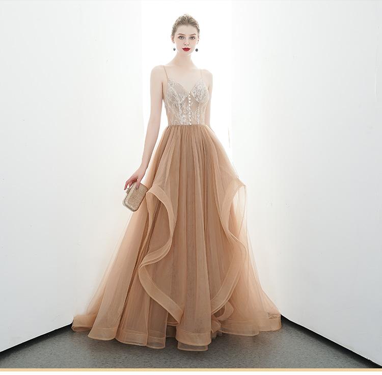 A-line Spaghetti Straps Tulle Long Lace Appliques Prom Dresses Formal Evening Dress DMR85