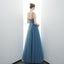 A-line Spaghetti Straps Blue Lace Up Back Beading Tulle Long Prom Dresses DMR84
