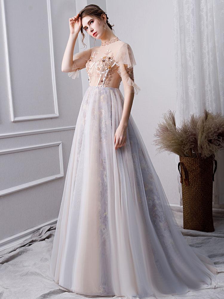 Gray A Line High Neck Short Sleeves Prom Dresses With Beads DML26