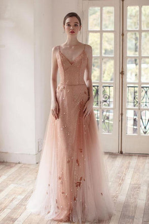Ombre A Line Long Tulle Spaghetti Straps Prom Dresses With Beads DMK60
