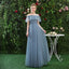 A Line CHiffon Blue Off the Shoulder Prom Dress, Long Ruffles Bridesmaid Dresses DMQ79