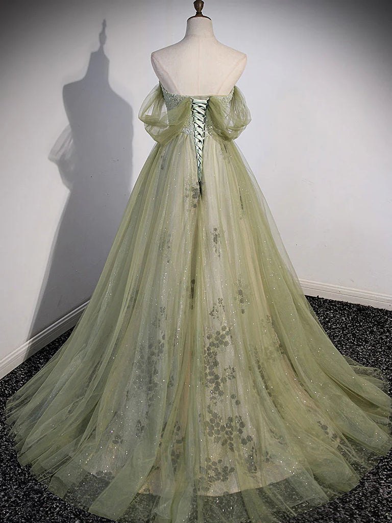 A Line Green Tulle Sweetheart Long Prom Dress, Formal Evening Dress with Beading DMP293