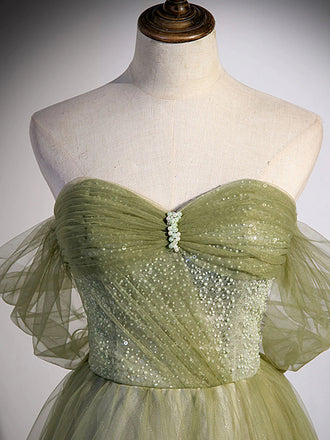 A Line Green Tulle Sweetheart Long Prom Dress, Formal Evening Dress with Beading DMP293