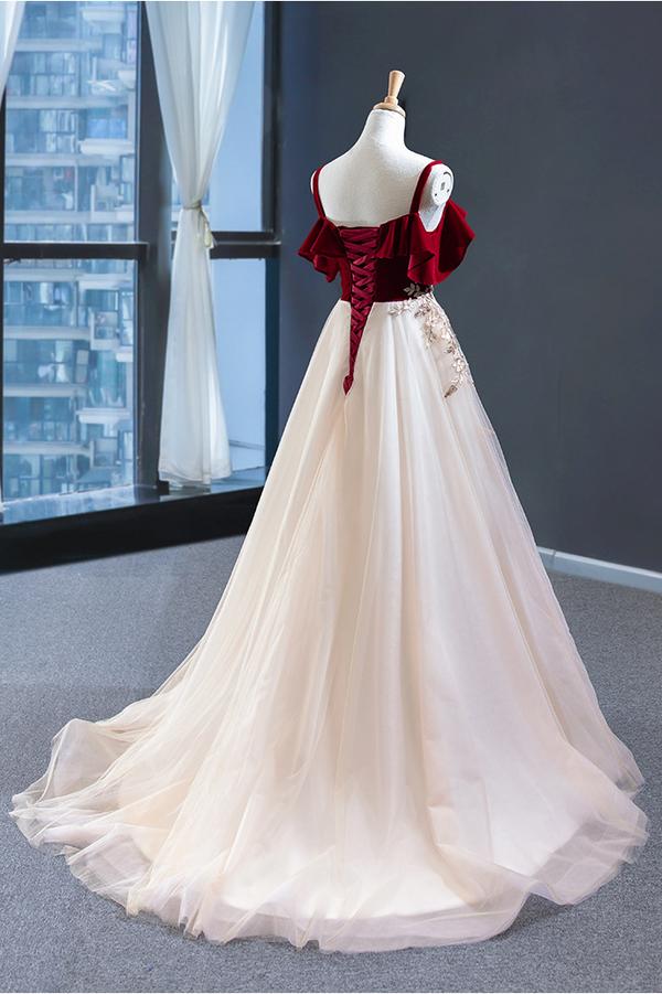 Vintage Red Top Straps Tulle Formal Dress, Elegant Appliques Prom Dress DMP021