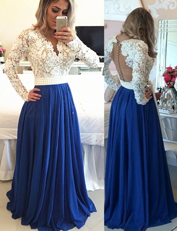 Long Sleeves Lace A-line Royal Blue Chiffon Beaded Prom Dresses K730