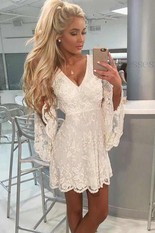 A-Line V-neck Open Back Bell Sleeves Short White Lace Homecoming Dress DMM8
