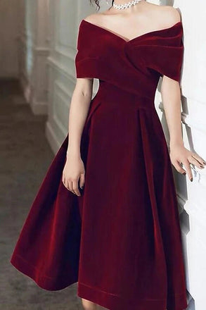 Off Shoulder Burgundy Velvet Short Prom Homecoming Dress, Formal Graduation Evening Dresses DMHD16