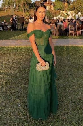 Off Shoulder Green Tulle Long Prom Dresses, Long Green Formal Graduation Evening Dresses DMP318