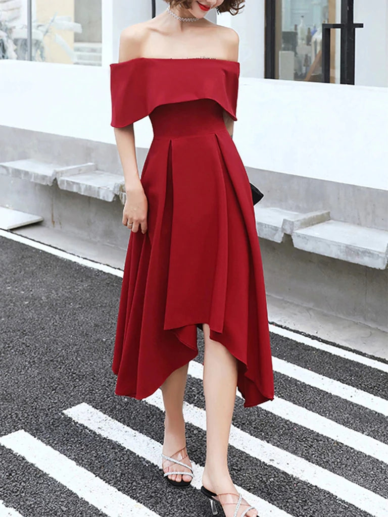High Low Tea Length Prom Dress, Off Shoulder Graduation Dresses, Burgundy Homecoming Dresses DMHD12