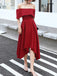 High Low Tea Length Prom Dress, Off Shoulder Graduation Dresses, Burgundy Homecoming Dresses DMHD12