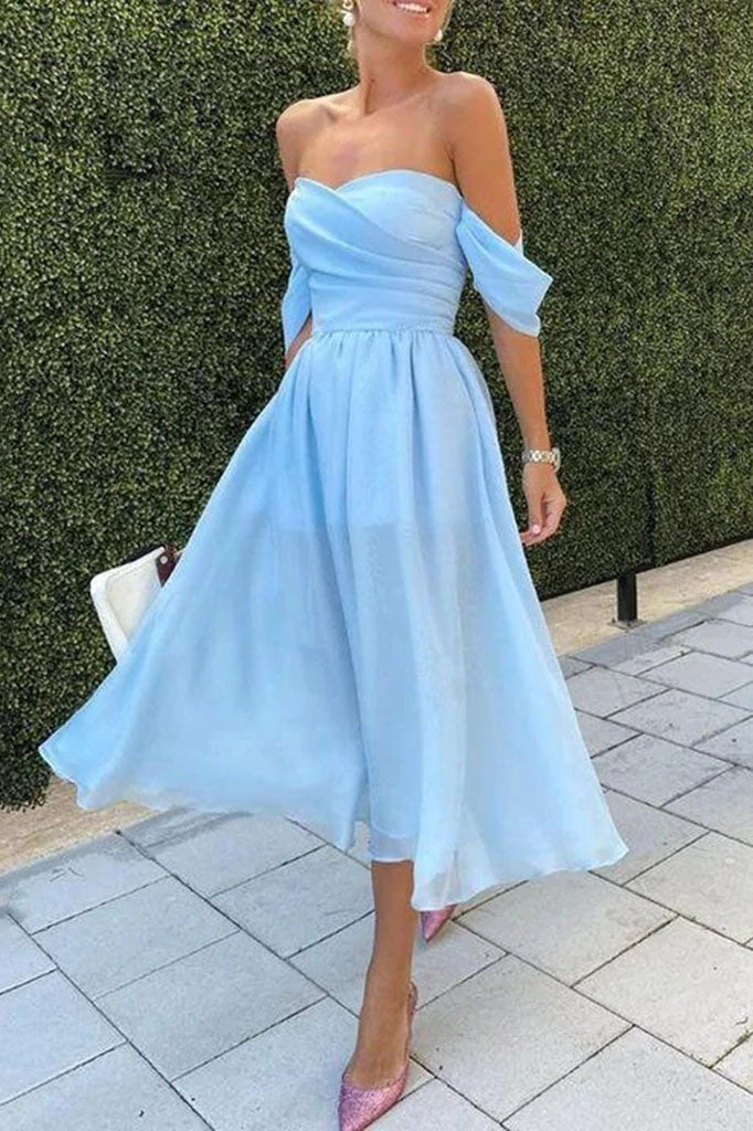 light blue dresses graduation Shiny Gown Length Fabric Light Blue Off Shoulder Dress