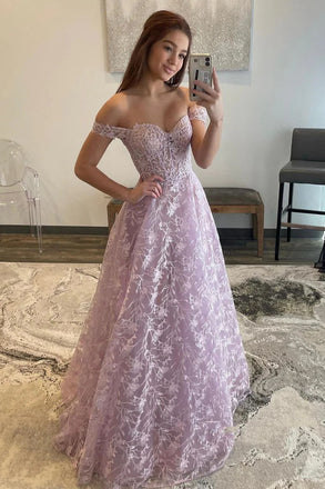 Off Shoulder Lilac Lace Long Prom Dresses, Formal Evening Dresses DMP325