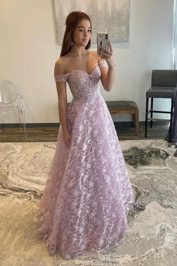 Off Shoulder Lilac Lace Long Prom Dresses, Formal Evening Dresses DMP325