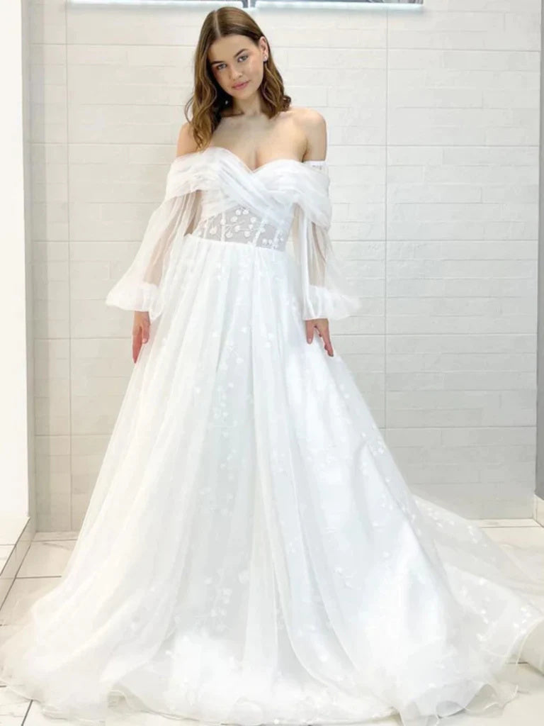 Off the Shoulder Long Sleeves White A Line Tulle Floral Wedding Dresses DM1922