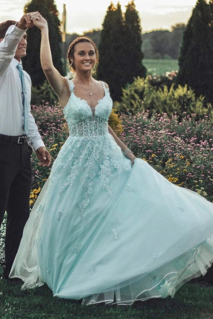 Off the Shoulder Mint Green Lace Appliques Tulle Long Prom Dresses DMP257