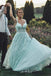 Off the Shoulder Mint Green Lace Appliques Tulle Long Prom Dresses DMP257