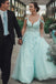 Off the Shoulder Mint Green Lace Appliques Tulle Long Prom Dresses DMP257