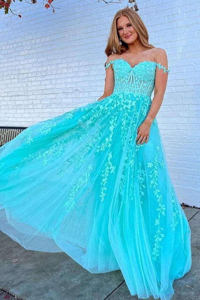 Off the Shoulder Blue A Line Lace Appliques Prom Dresses, Formal Evening Dresses DM1989