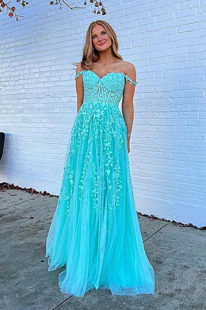 Off the Shoulder Blue A Line Lace Appliques Prom Dresses, Formal Evening Dresses DM1989