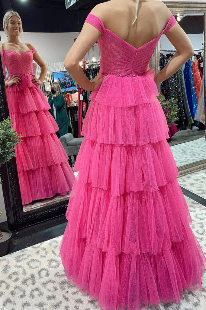 Off the Shoulder Hot Pink High Low Prom Dresses, Formal Evening Dresses DM1960