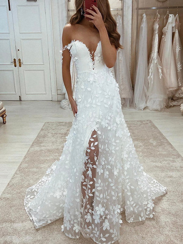 Charming Off the Shoulder A-line Lace Beach Long Wedding Dresses With Slit DM1928