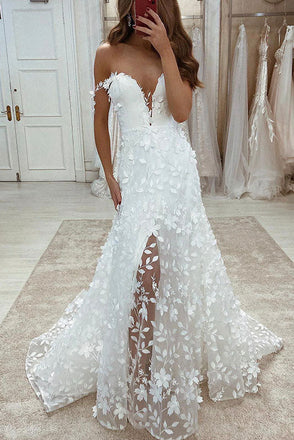 Charming Off the Shoulder A-line Lace Beach Long Wedding Dresses With Slit DM1928