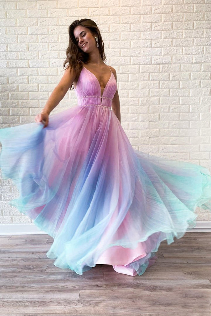 Ombre Spaghetti Straps Sleeveless A Line Prom Dress DMO83