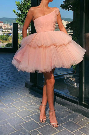 One Shoulder Blush Pink Homecoming Dress A Line Pleated Tulle Tutu Dress DMHD38