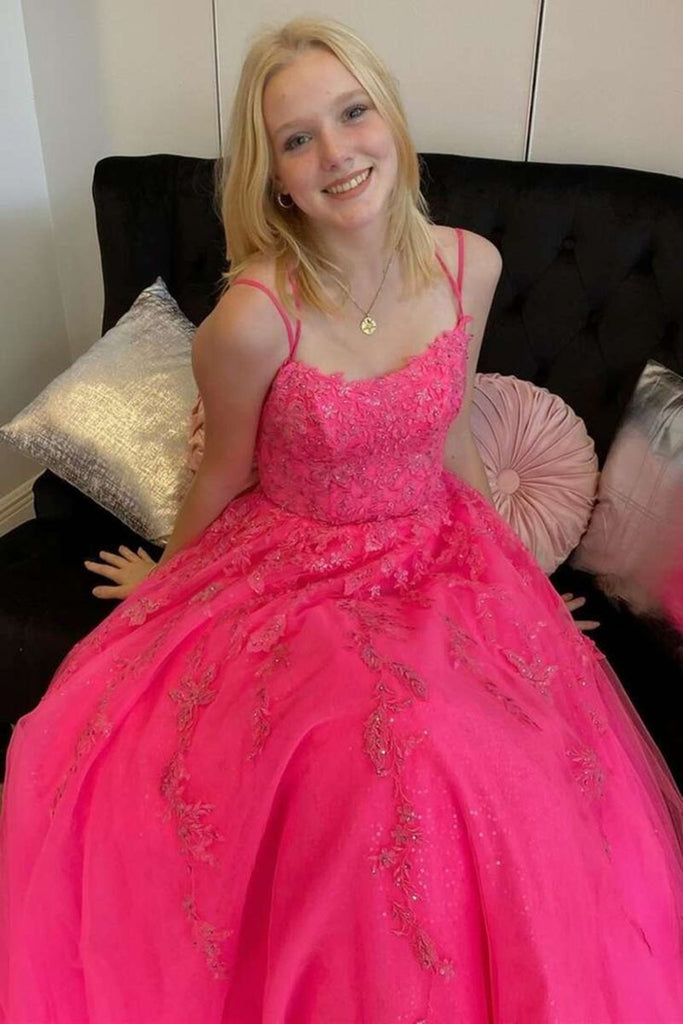 Hot Pink A Line Tulle Lace Appliques Long Prom Dress, Formal Graduation Evening Dresses DMP120