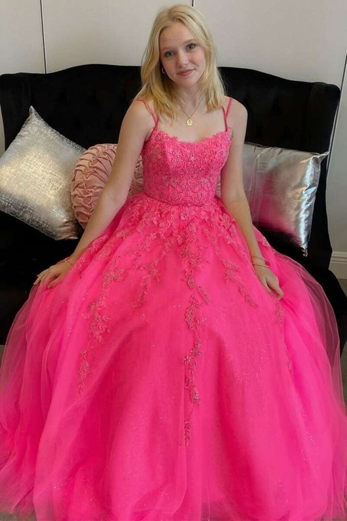 Hot Pink A Line Tulle Lace Appliques Long Prom Dress, Formal Graduation Evening Dresses DMP120