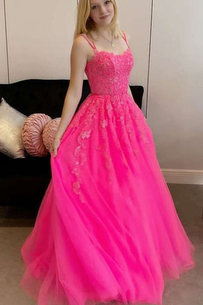 Hot Pink A Line Tulle Lace Appliques Long Prom Dress, Formal Graduation Evening Dresses DMP120
