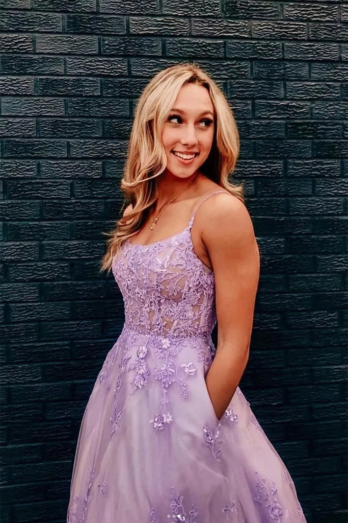 Purple Lace Floral Appliques Long Prom Dresses, A Line Long Formal Evening Dresses DMP231