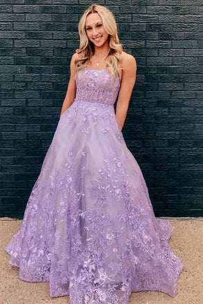 Purple Lace Floral Appliques Long Prom Dresses, A Line Long Formal Evening Dresses DMP231