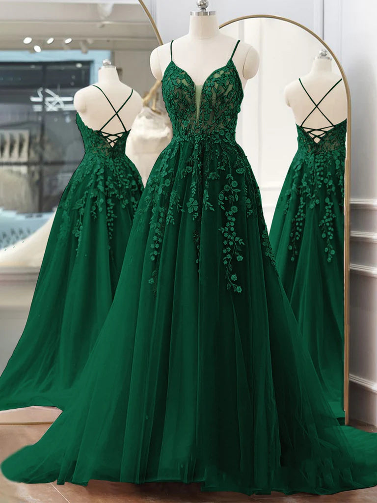 Pretty V Neck Green Lace Floral Long Prom Dresses, A Line Tulle Formal Evening Dresses DMP336