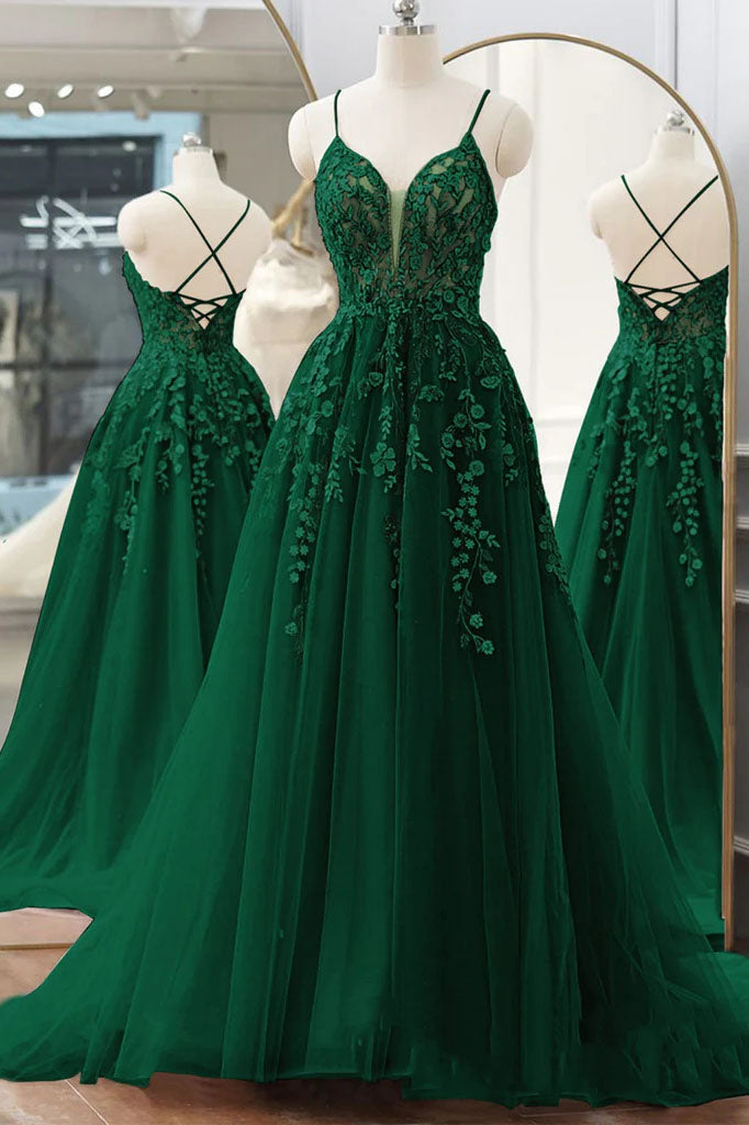 Pretty V Neck Green Lace Floral Long Prom Dresses, A Line Tulle Formal Evening Dresses DMP336