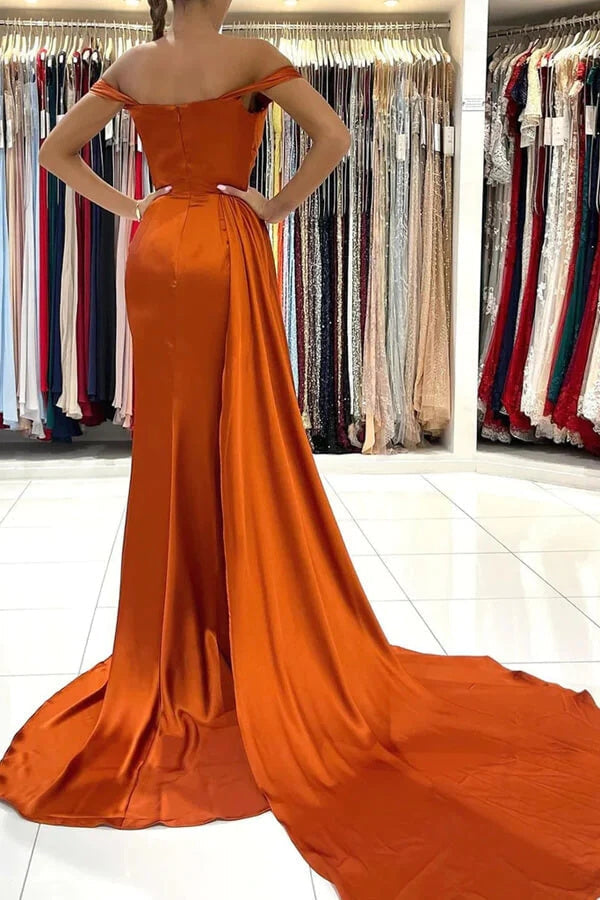 Orange Mermaid Satin Off-the-Shoulder Prom Dresses, Long Formal Evening Dresses DM2008