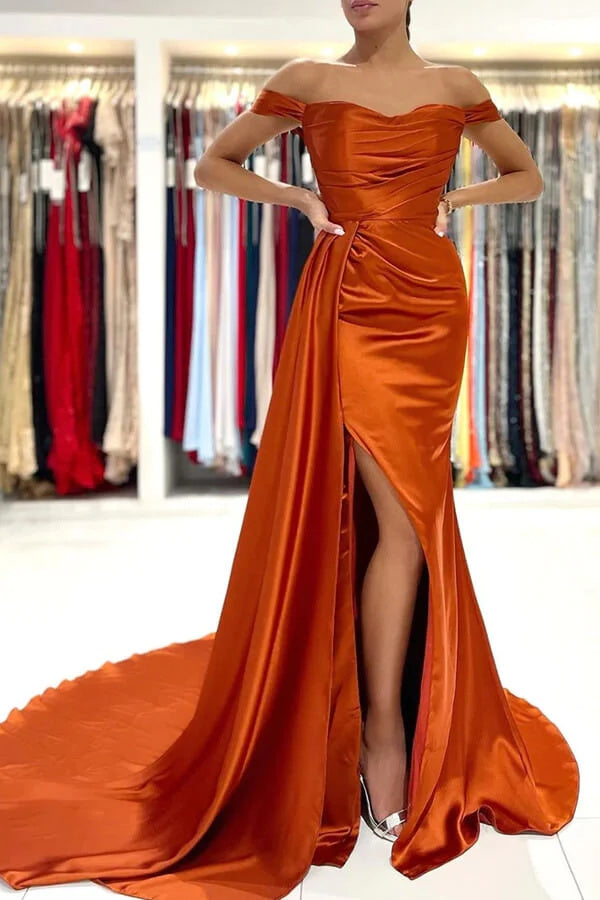 Orange Mermaid Satin Off-the-Shoulder Prom Dresses, Long Formal Evening Dresses DM2008