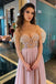 Elegant Off the Shoulder Pink Tea Length Prom Dresses with Appliques DMP152