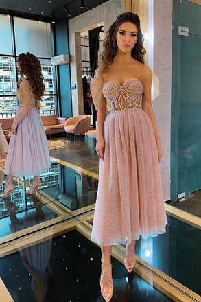 Elegant Off the Shoulder Pink Tea Length Prom Dresses with Appliques DMP152